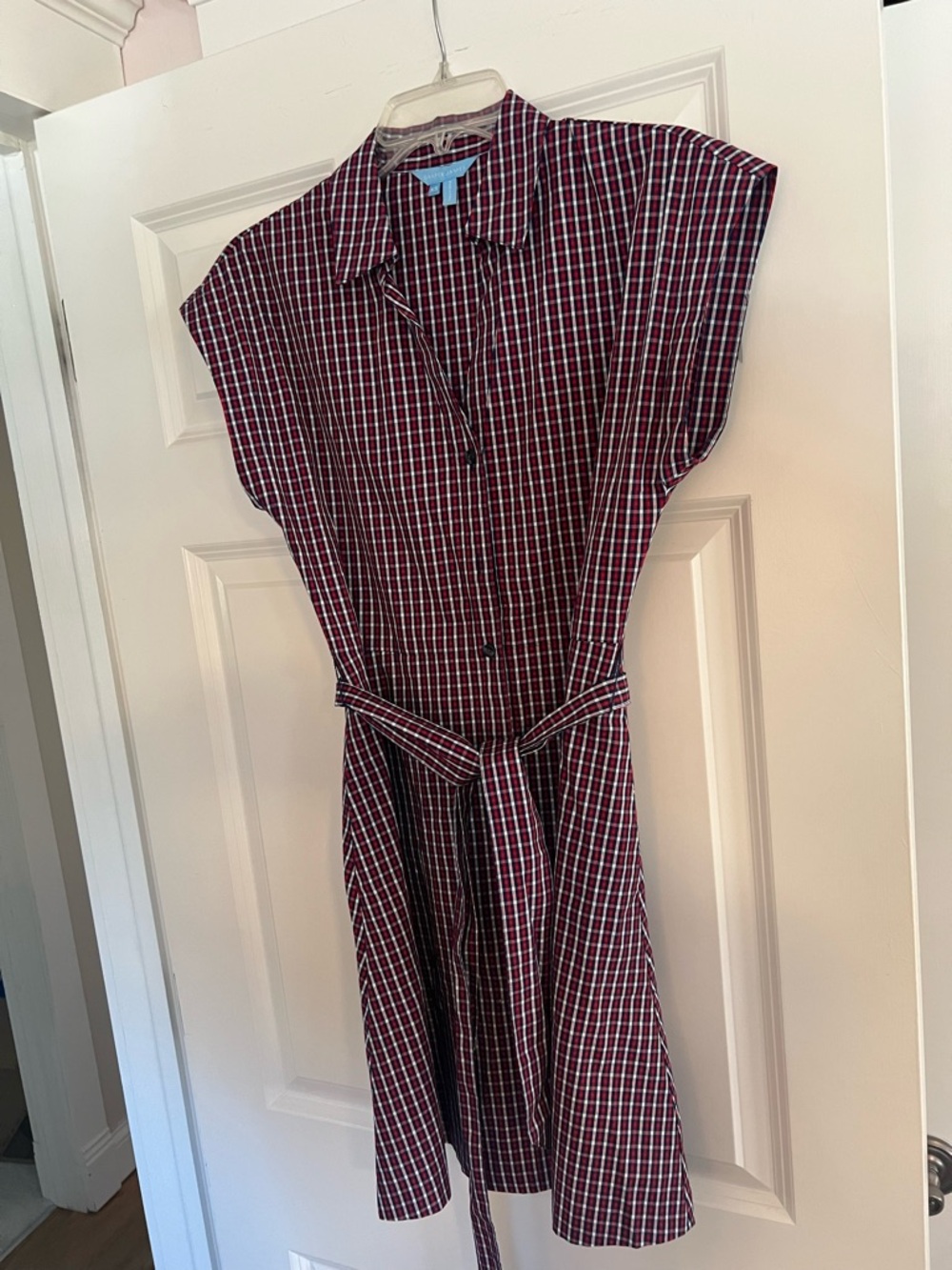 Draper James Burgundy Checked Shirt Midi Dress with Tie Waist